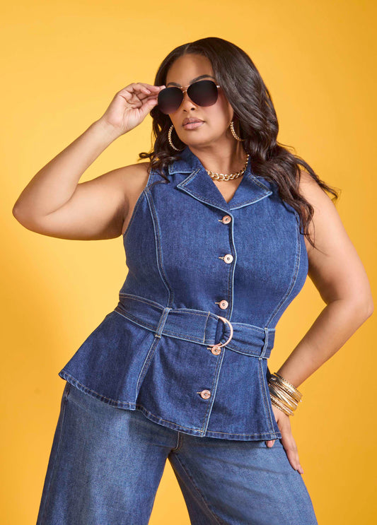 Plus Size Peplum Denim Vest Matching Set Jean Jacket Matching Set