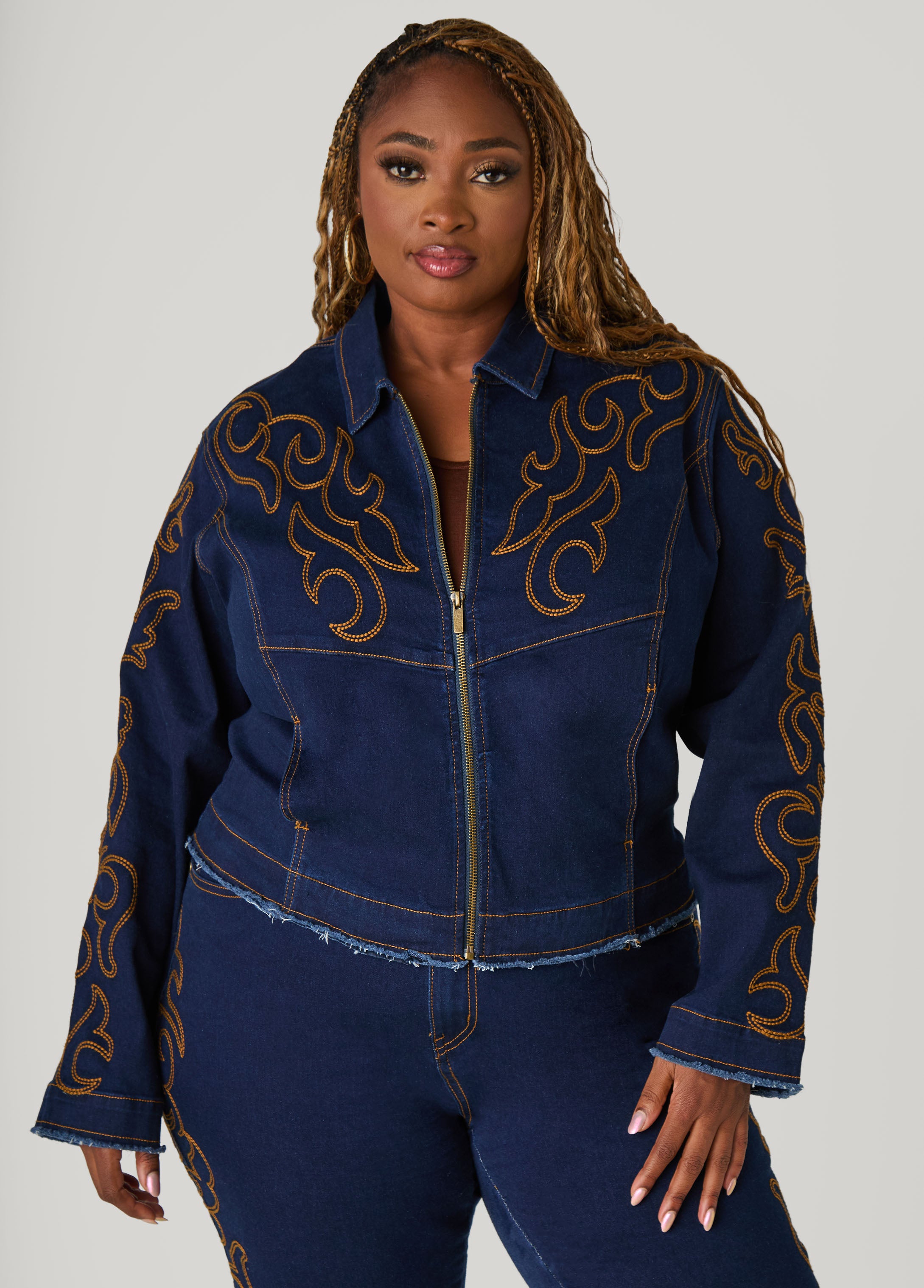 Plus Size Embroidered Denim Jacket
