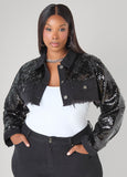 Plus Size sequin crop denim jacket distressed jean jacket