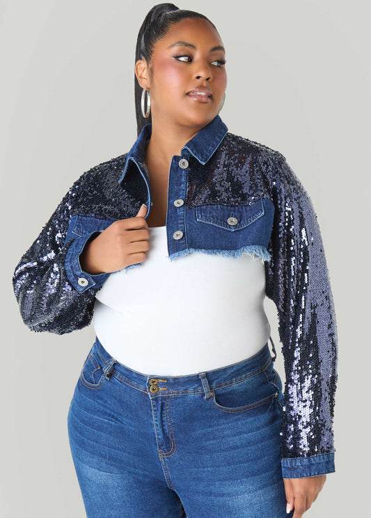Plus Size sequin crop denim jacket distressed jean jacket