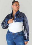 Plus Size sequin crop denim jacket distressed jean jacket