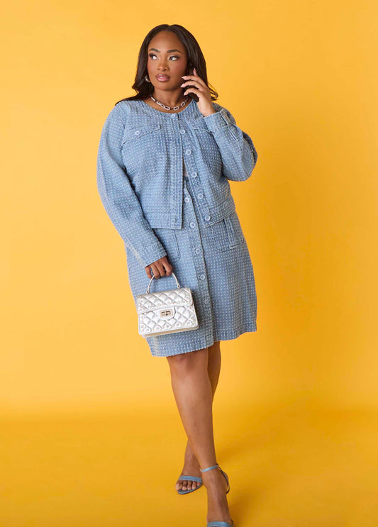 Plus Size Textured Distressed Denim Cargo Skirt Matching Set