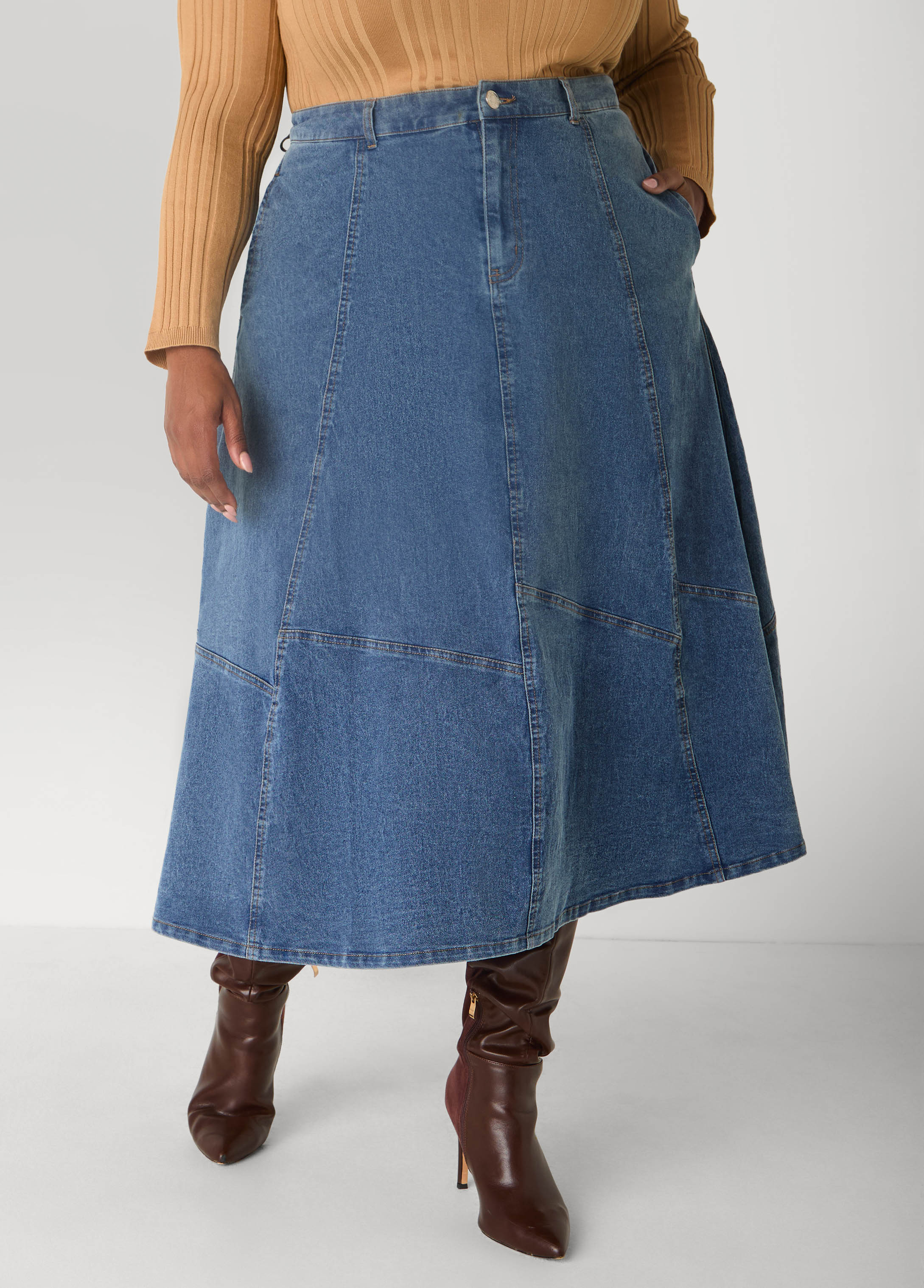 Plus Size Patchwork Denim Midaxi Skirt
