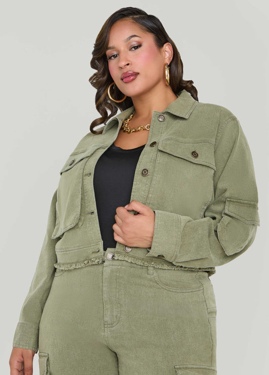 Plus Size Cropped Denim Cargo Jacket