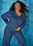 Plus Size Pinstriped Denim Crop Jacket Jean Two Piece Matching Set