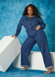 Plus Size Pinstriped Denim Crop Jacket Jean Two Piece Matching Set