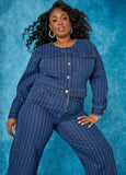 Plus Size Pinstriped Denim Crop Jacket Jean Two Piece Matching Set