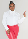 Plus Size White Collared Shirt Textured Holiday Rhinestone Top