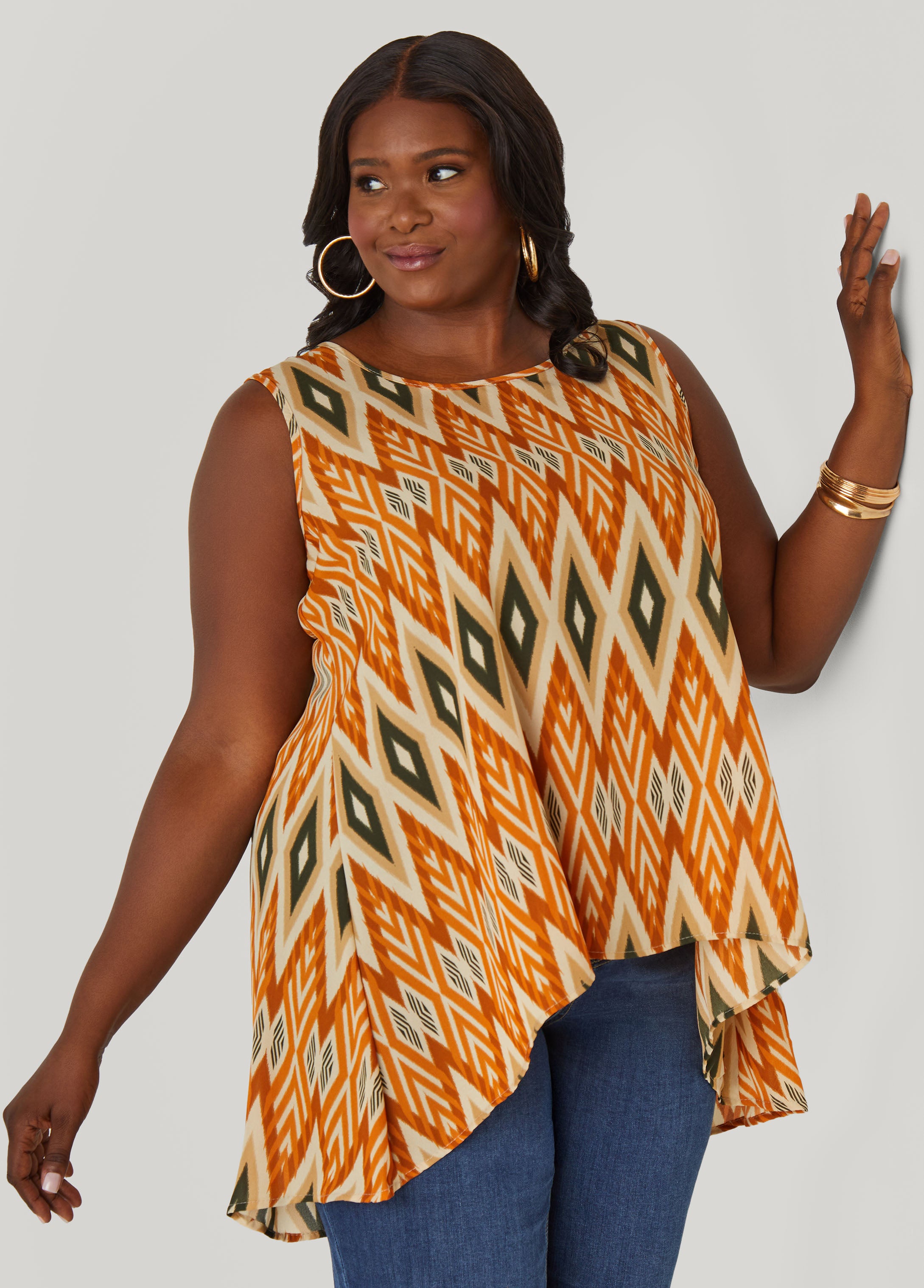 Plus Size Diamond Print Hi Low Top