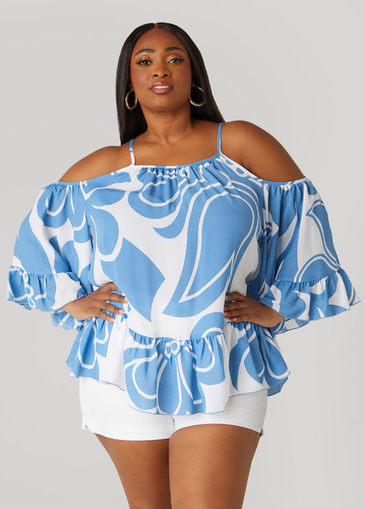 Plus Size Cold Shoulder Floral Print Blouse