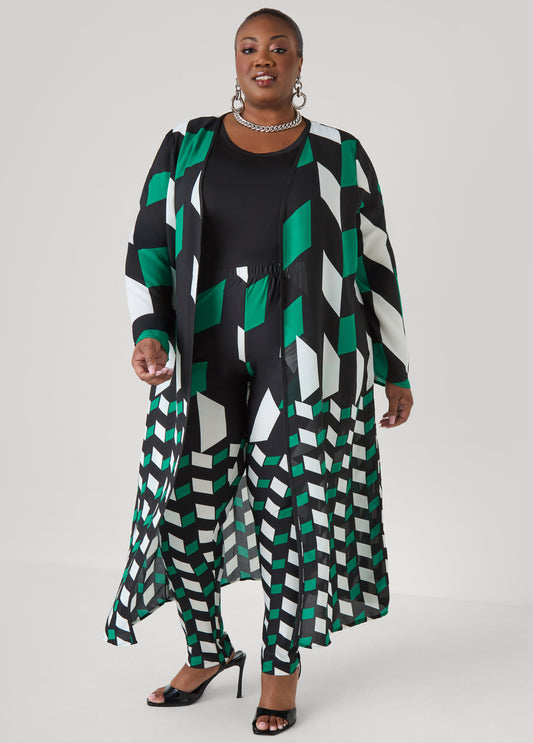 Plus Size Geo Print Open Front Duster