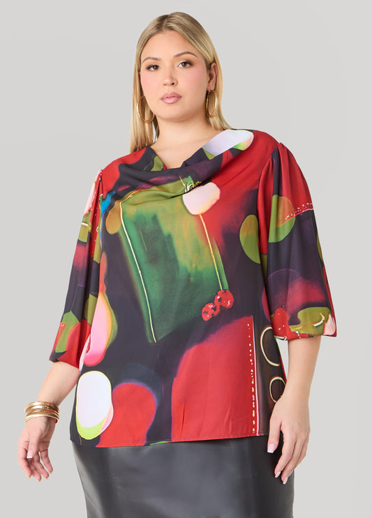 Plus Size Printed Cowl Neck Blouse