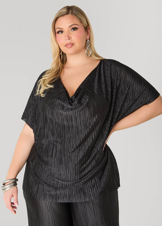 Plus Size Cowl Neck Plisse Satin Blouse