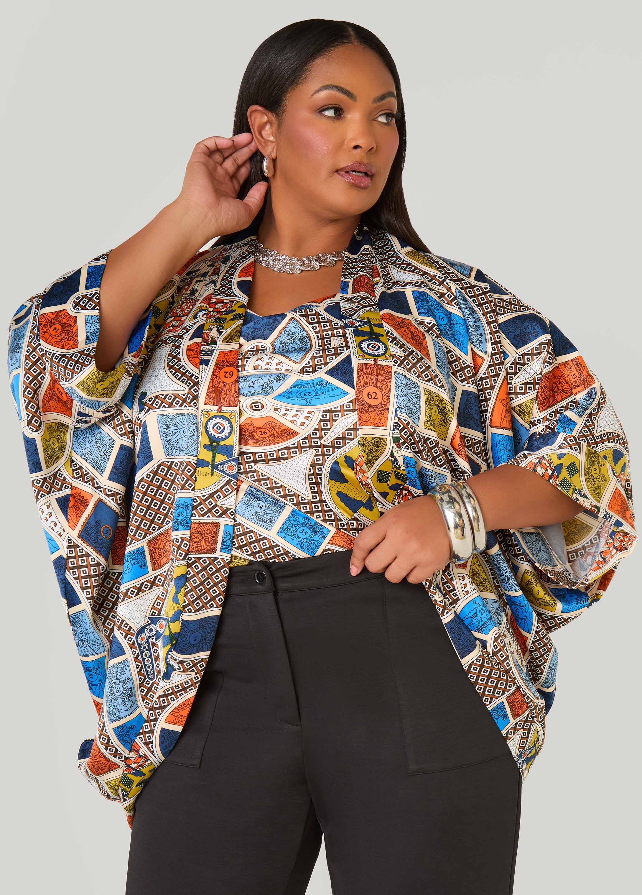 Plus Size Board Print Satin Kimono