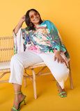 Plus Size Postcard Print Satin Poncho Drama Sleeved Tunic