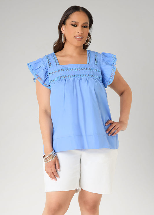 Plus Size Lattice Cutout Cotton Top Short Sleeve Ruffle Summer Blouse