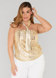 Plus Size Gold Dot Halter Top Open Back Going Out Sleeveless Top
