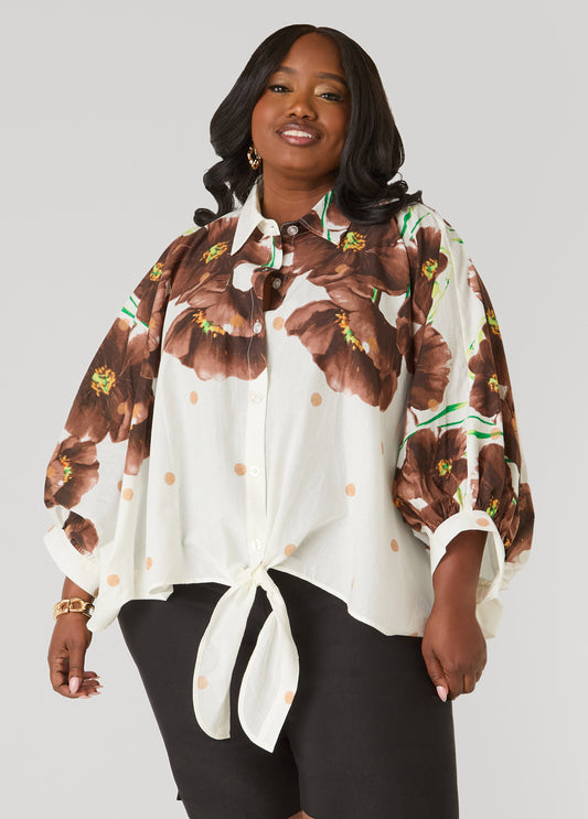 Tie Front Floral Cotton Shirt