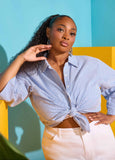 Plus Size Striped Seersucker Cotton Long Sleeved Summer Shirt