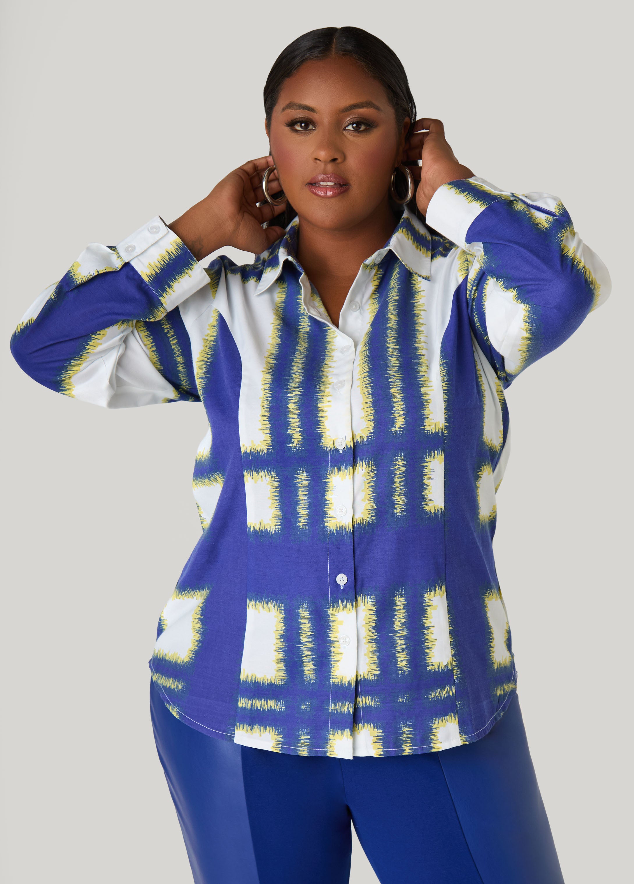 Plus Size Printed Cotton Blend Shirt
