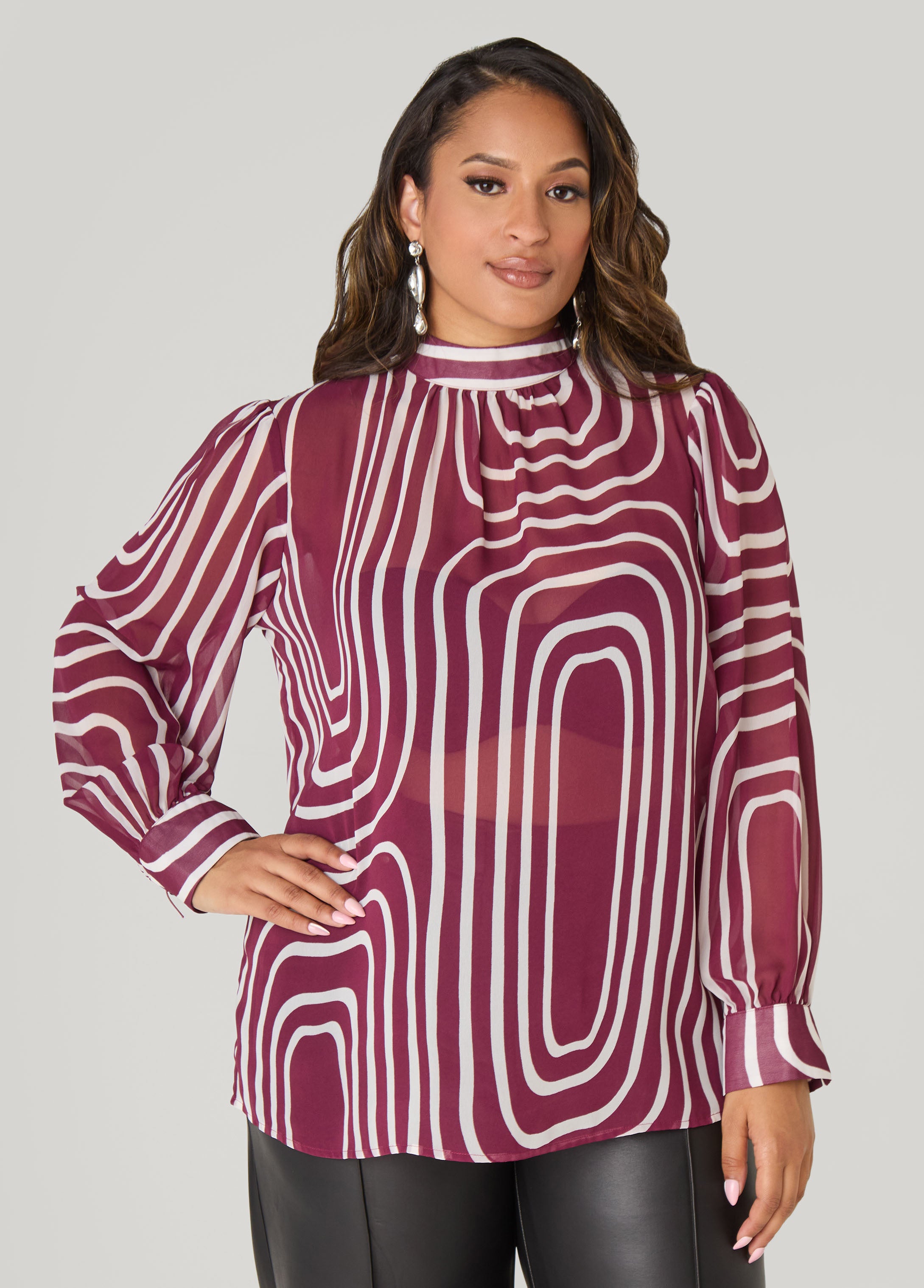 Plus Size Abstract Print Mock Neck Blouse