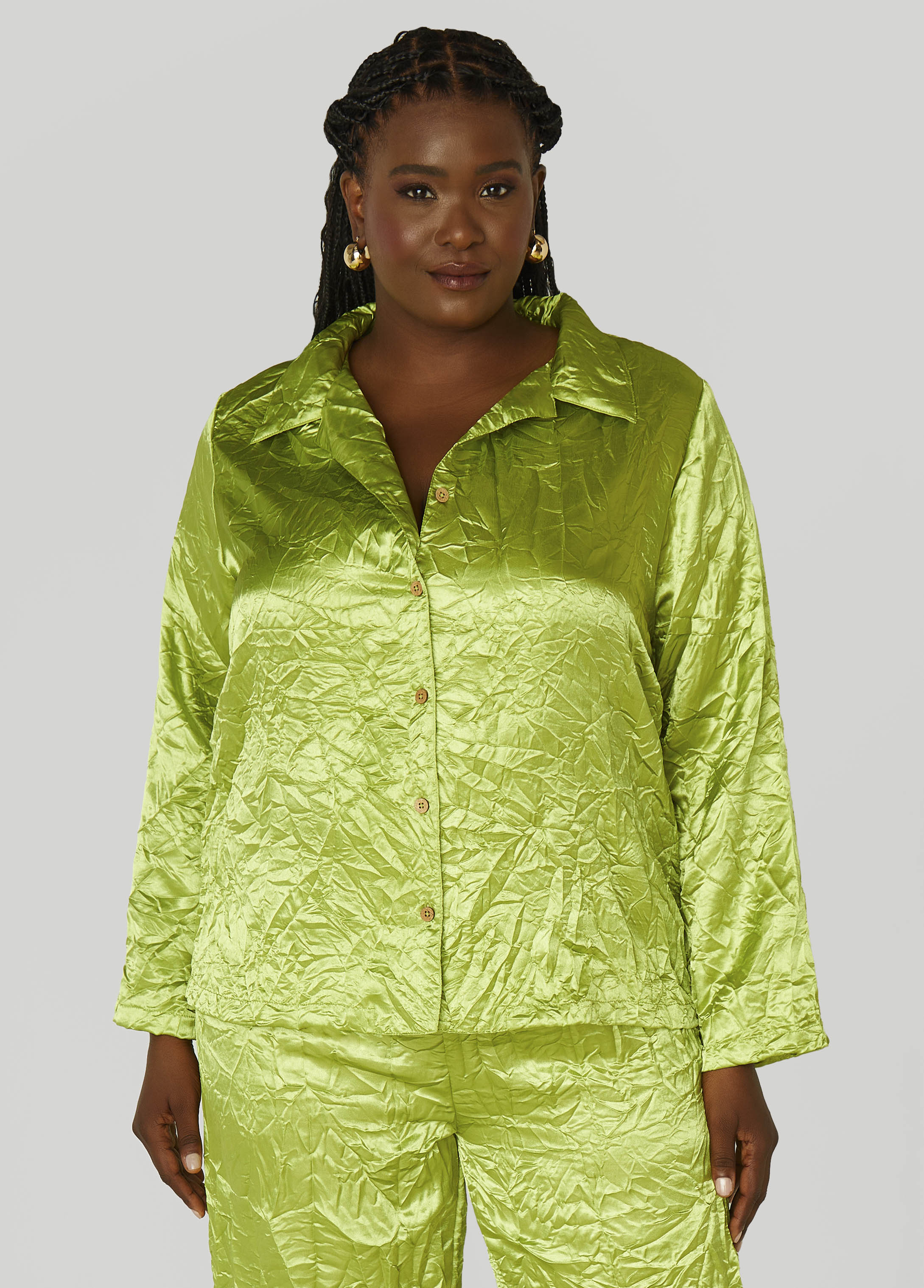 Plus Size Crinkled Satin Shirt