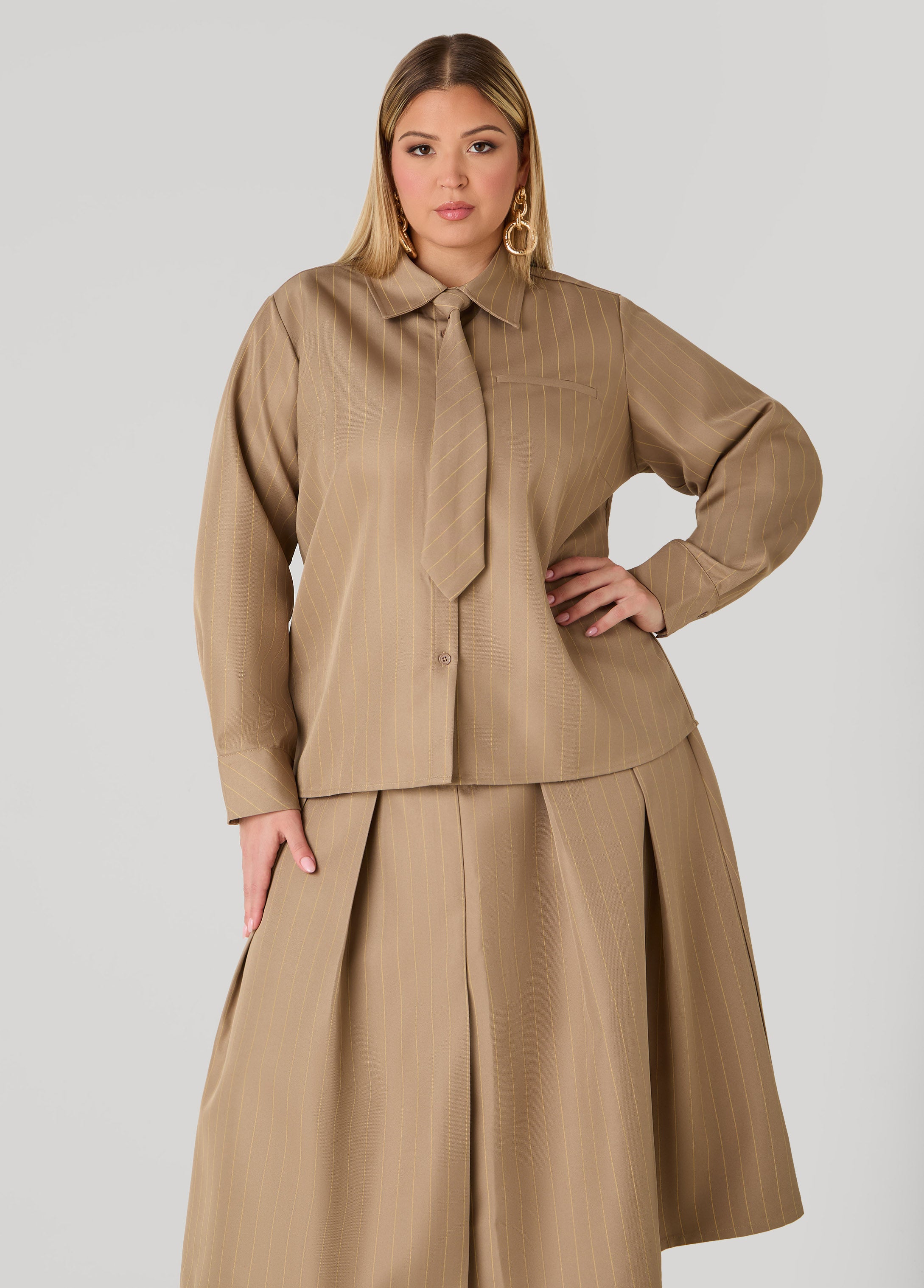 Plus Size Detachable Tie Striped Shirt