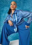 Plus Size blue striped satin shirt trendy plus size work top