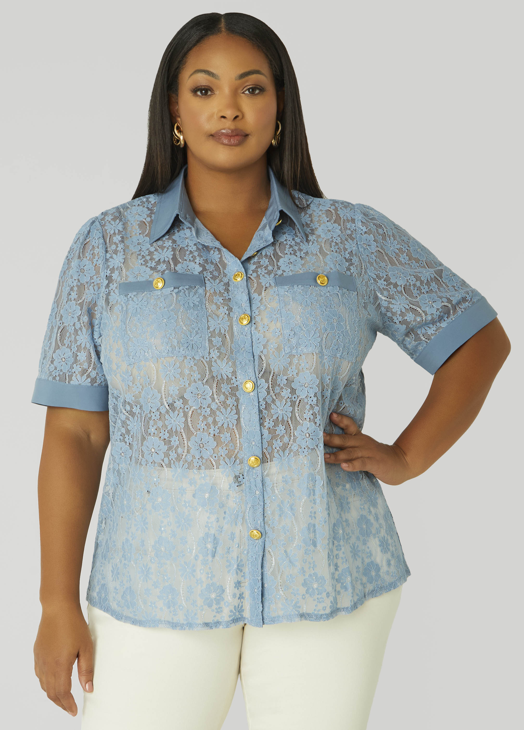 Plus Size Metallic Floral Lace Shirt