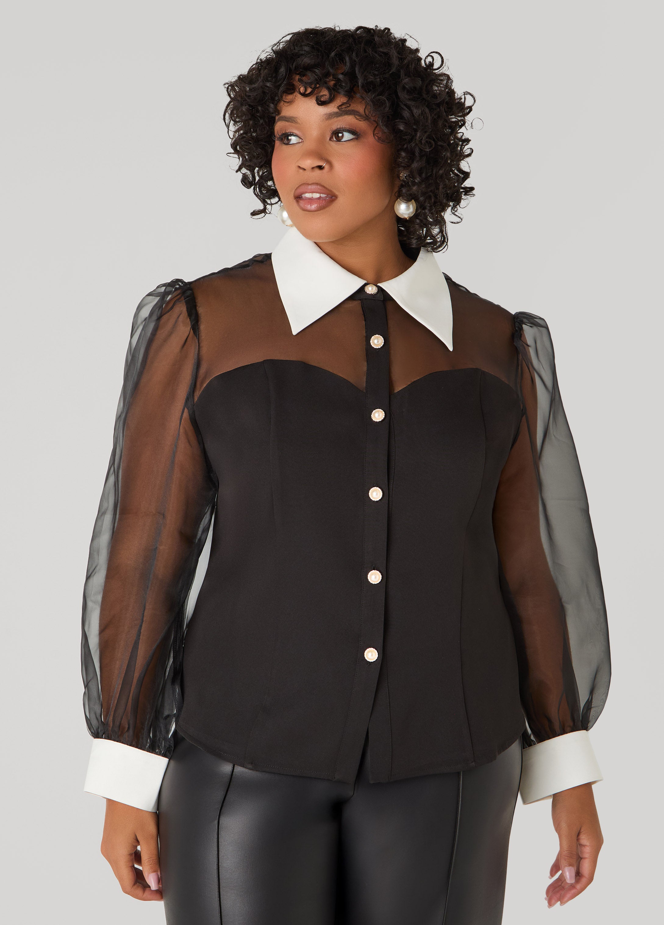 Plus Size Organza Paneled Corset Shirt