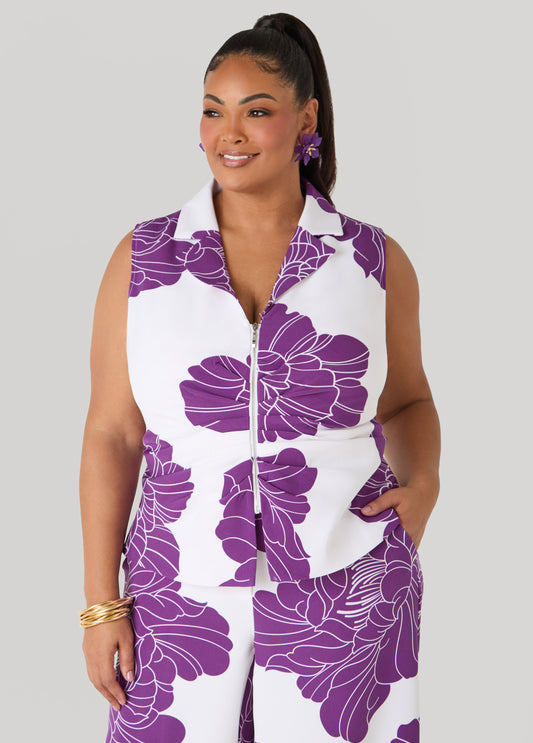 Plus Size Purple Flower Vest Spring Summer Two Piece Matching Set