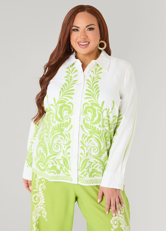 Leaf Print Linen Blend Shirt