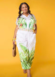 Plus Size Palm Print Satin Crop Top Two Piece Matching Summer Set
