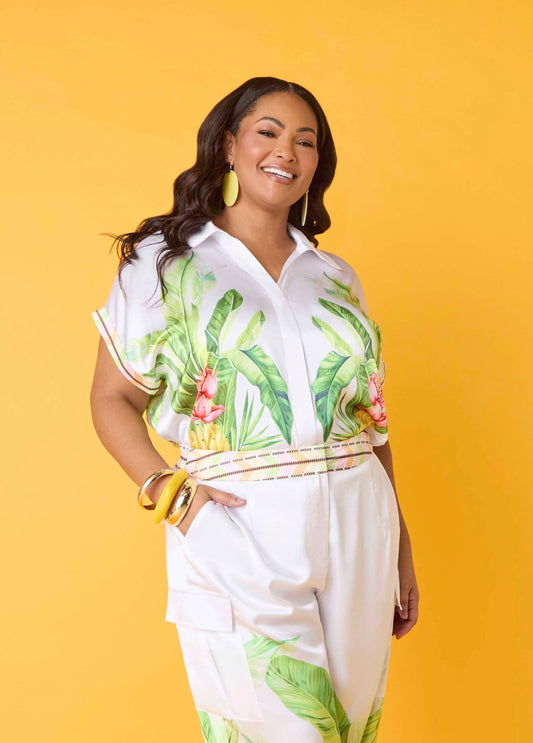 Plus Size Palm Print Satin Crop Top Two Piece Matching Summer Set
