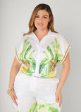 Plus Size Palm Print Satin Crop Top Two Piece Matching Summer Set