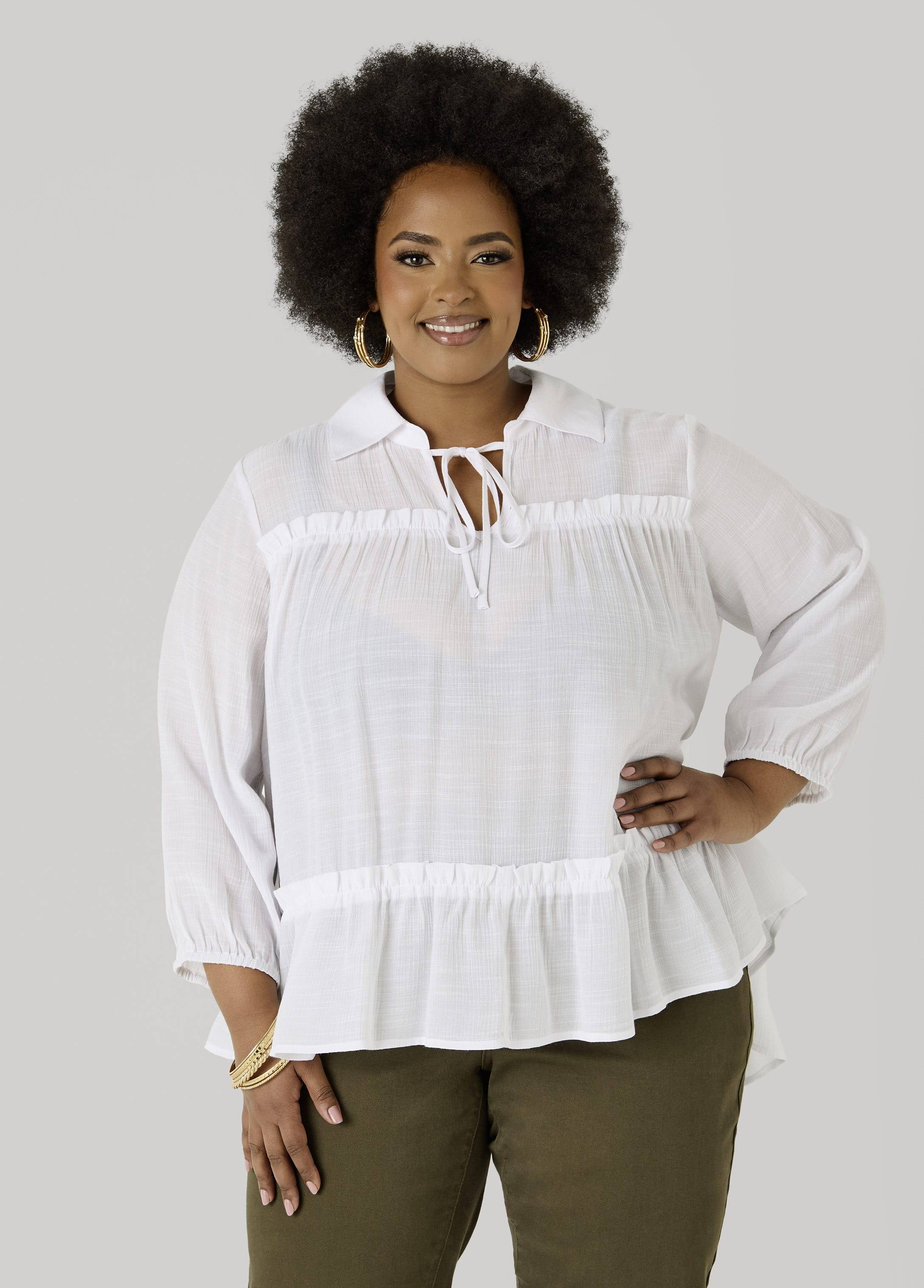 Ruffle Trimmed Gauze Blouse – Ashley Stewart
