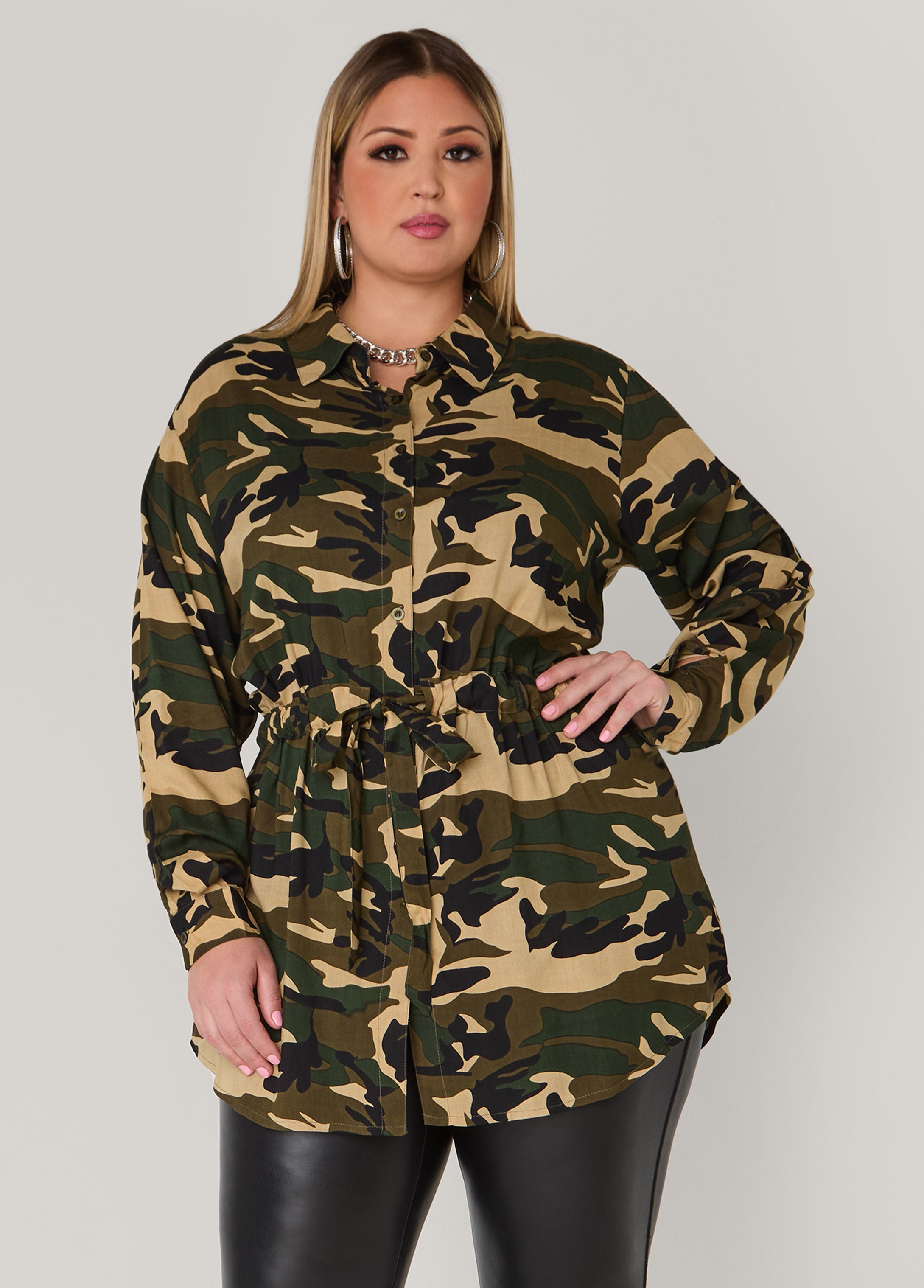 Plus Size Drawstring Camo Print Shirt