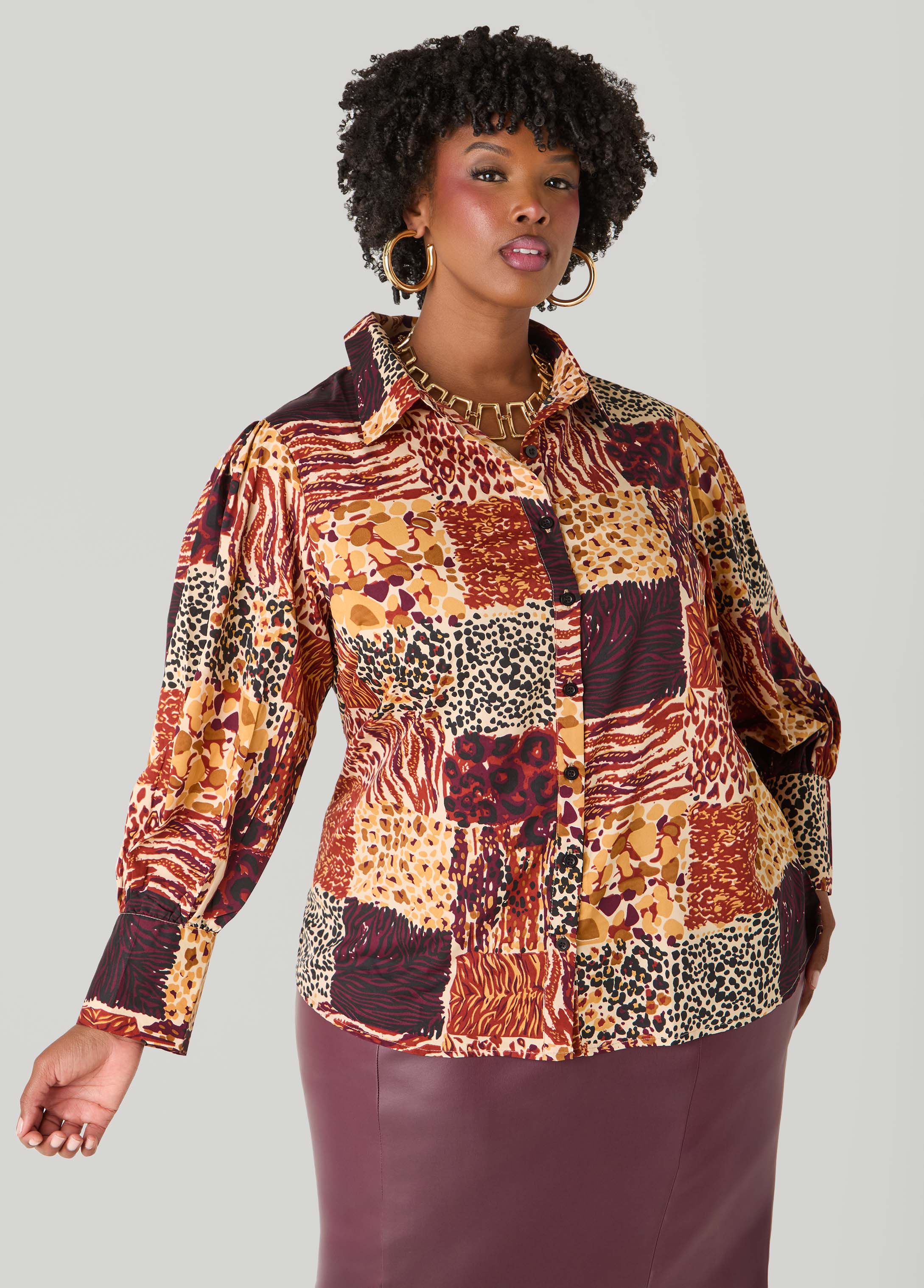 Plus Size Pleated Printed Shirt