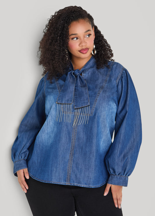 Plus Size Fringed Tie Neck Denim Blouse