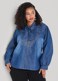 Plus Size Fringed Tie Neck Denim Blouse