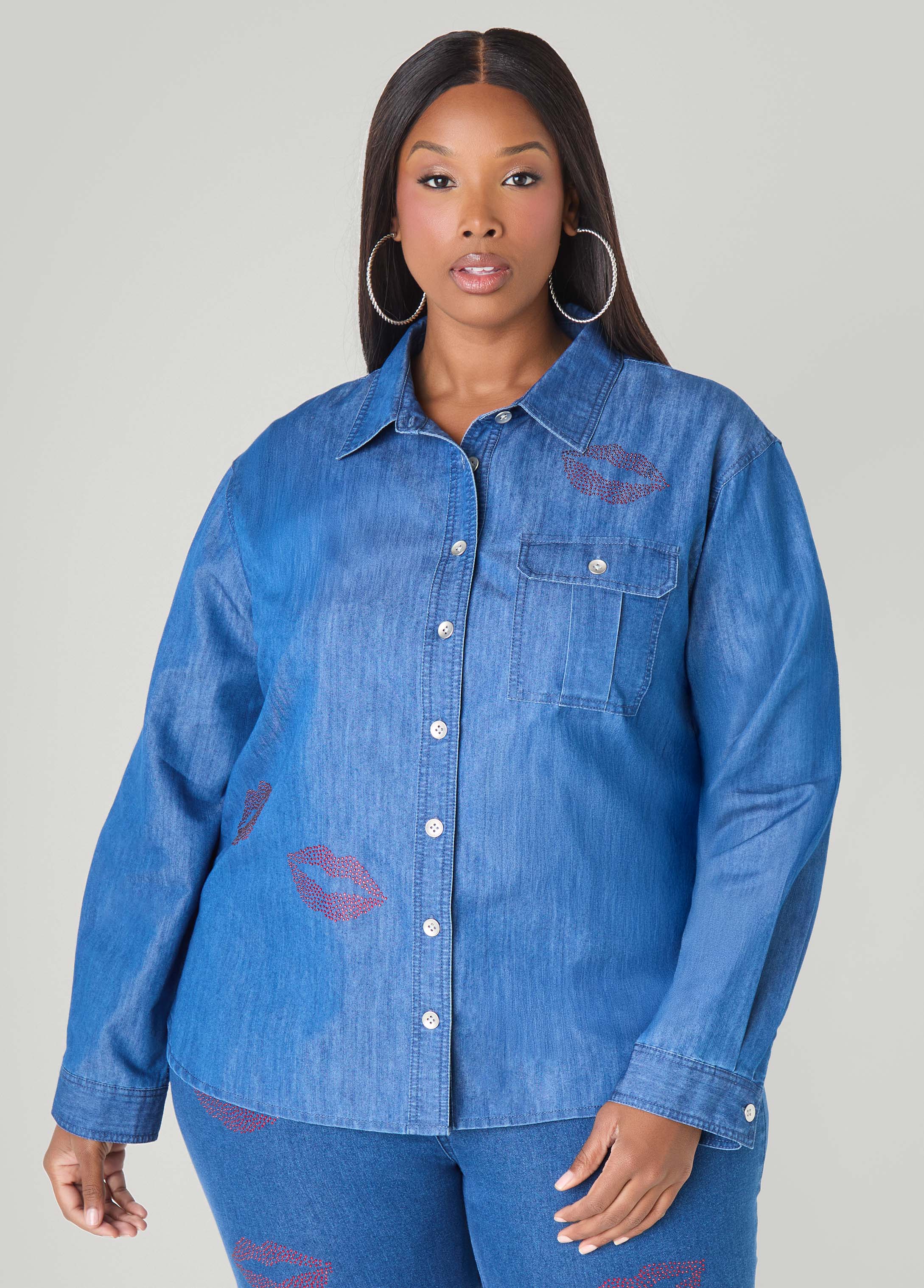 Plus Size Crystal Lips Chambray Shirt