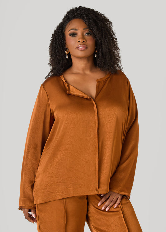 V Neck Crushed Satin Shirt