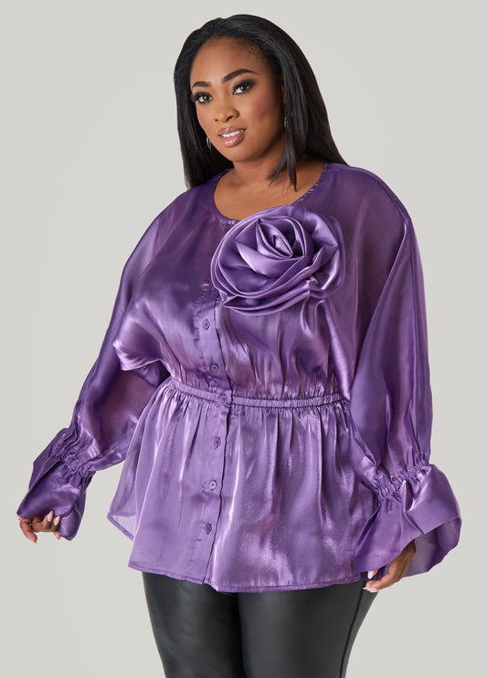 Plus Size Rosette Organza Blouse