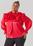 Plus Size Satin Shirt Red Holiday Festive Satin Ruffle Blouse