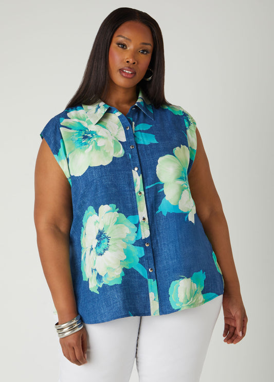 Plus Size Floral Denim Print Shirt
