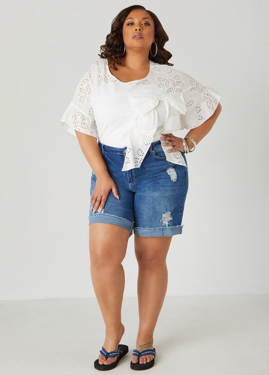 Plus Size Bow Embellished Eyelet Blouse