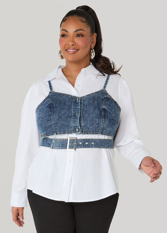 Layered Denim Bralette Shirt