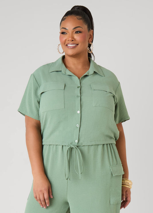 Plus Size Crop Top Cropped Drawstring Shirt Matching Set