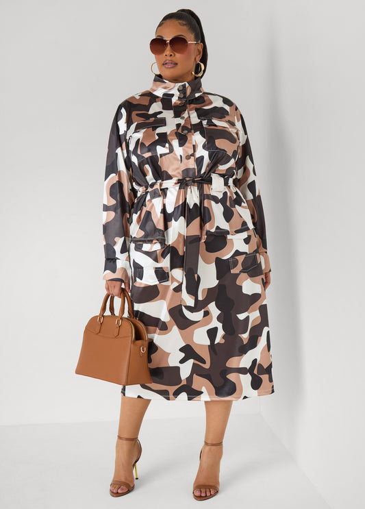 Camo Print Satin Cargo Skirt