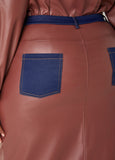 Denim Trimmed Faux Leather Skirt
